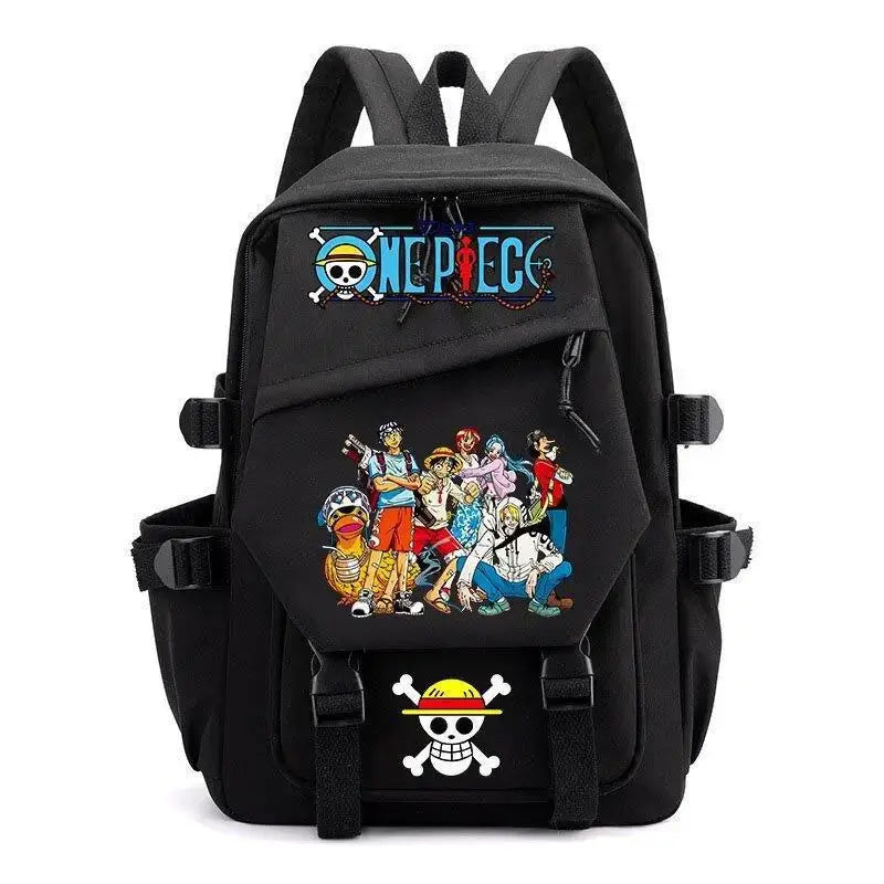 A lightweight canvas One Piece Backpack featuring kawaii anime characters, suitable for school, travel, and carrying a laptop computer.