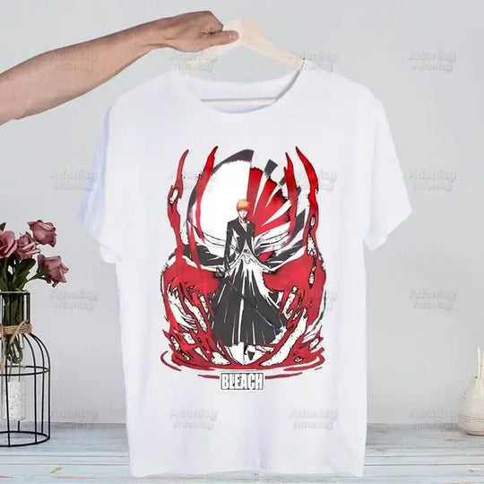 A men's Bleach Kurosaki Ichigo T-shirt in a funny Harajuku hip hop streetwear style for summer.
