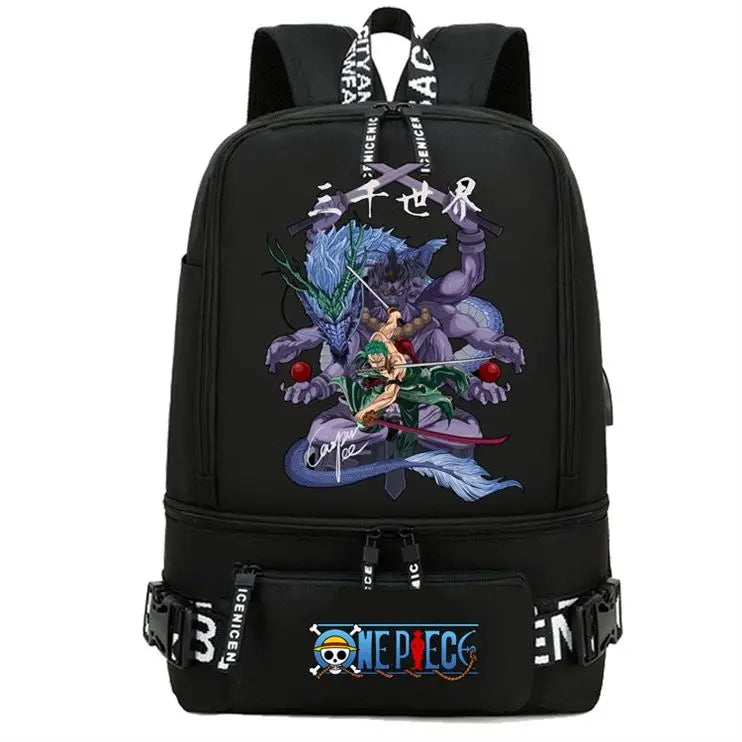One Piece Anime Polyester School Travel Backpack featuring vibrant artwork and stylish design for teens.