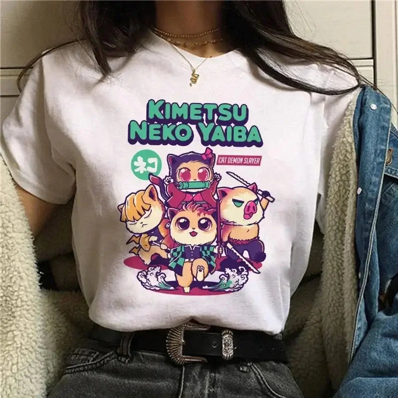 A Demon Slayer T Shirt for Women, a female Kimetsu No Yaiba graphic tee with a Nezuko and Tanjirou Kamado print.