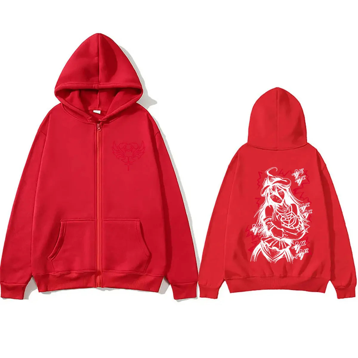Albedo Overlord Vintage Zip Up Hoodie in red, showcasing front logo and back graphic design, perfect for manga streetwear enthusiasts.