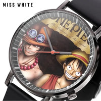 A colorful One Piece Luffy Watch featuring Fire Fist Ace anime action figure art on the dial, analog quartz movement for kids.