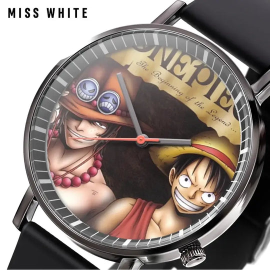 A colorful One Piece Luffy Watch featuring Fire Fist Ace anime action figure art on the dial, analog quartz movement for kids.