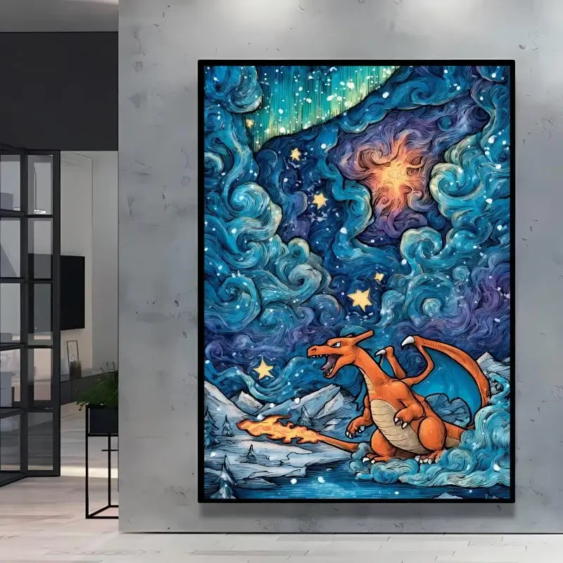 A stunning Van Gogh Pokemon Wall Art piece featuring Pikachu painted in a Starry Night impressionist style for unique home decoration.