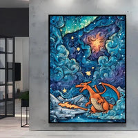 A stunning Van Gogh Pokemon Wall Art piece featuring Pikachu painted in a Starry Night impressionist style for unique home decoration.
