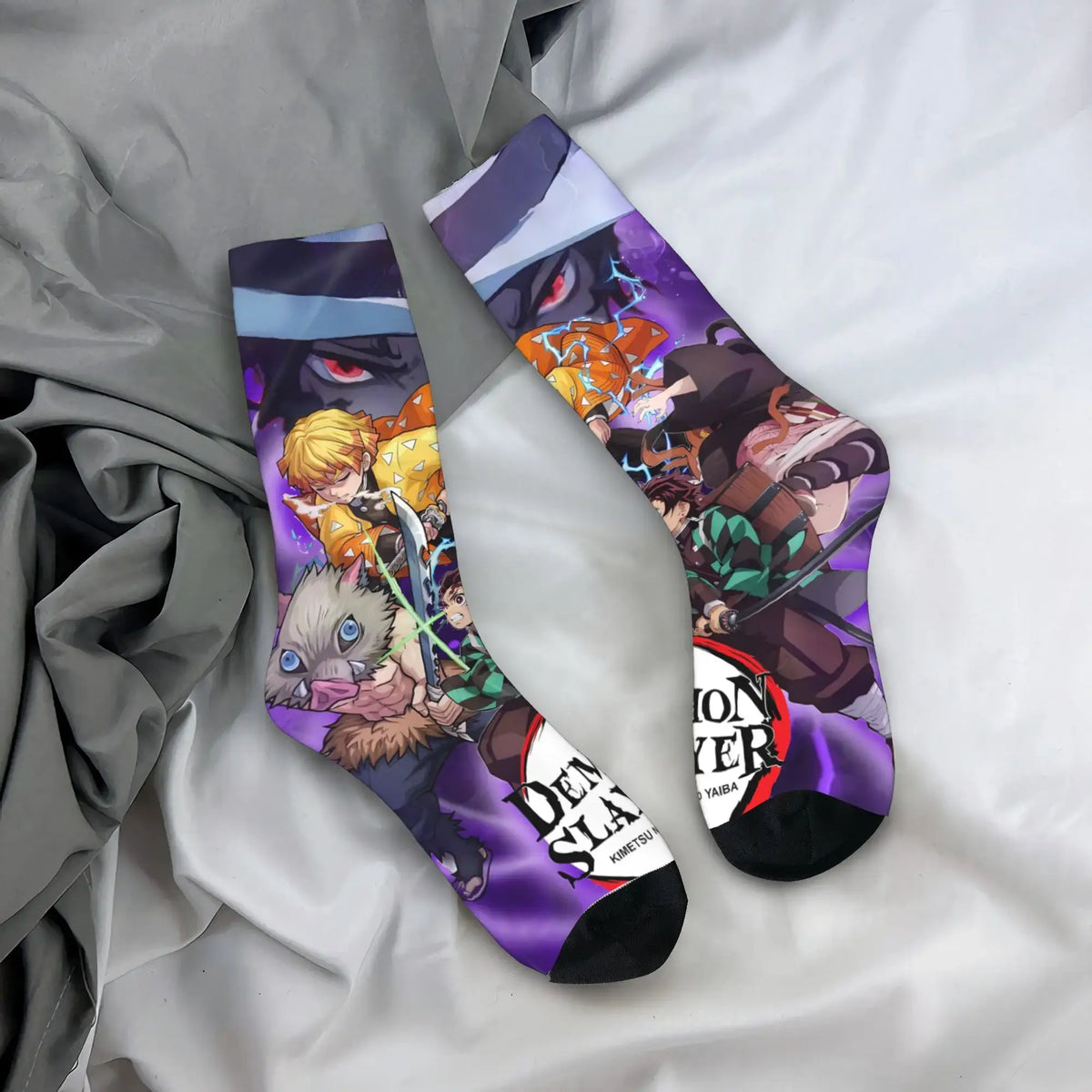 Breathable Demon Slayer Socks featuring Nezuko Kamado and Giyu Tomioka patterns, designed as trendy non-slip skateboard stockings for men and women.