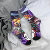 Breathable Demon Slayer Socks featuring Nezuko Kamado and Giyu Tomioka patterns, designed as trendy non-slip skateboard stockings for men and women.