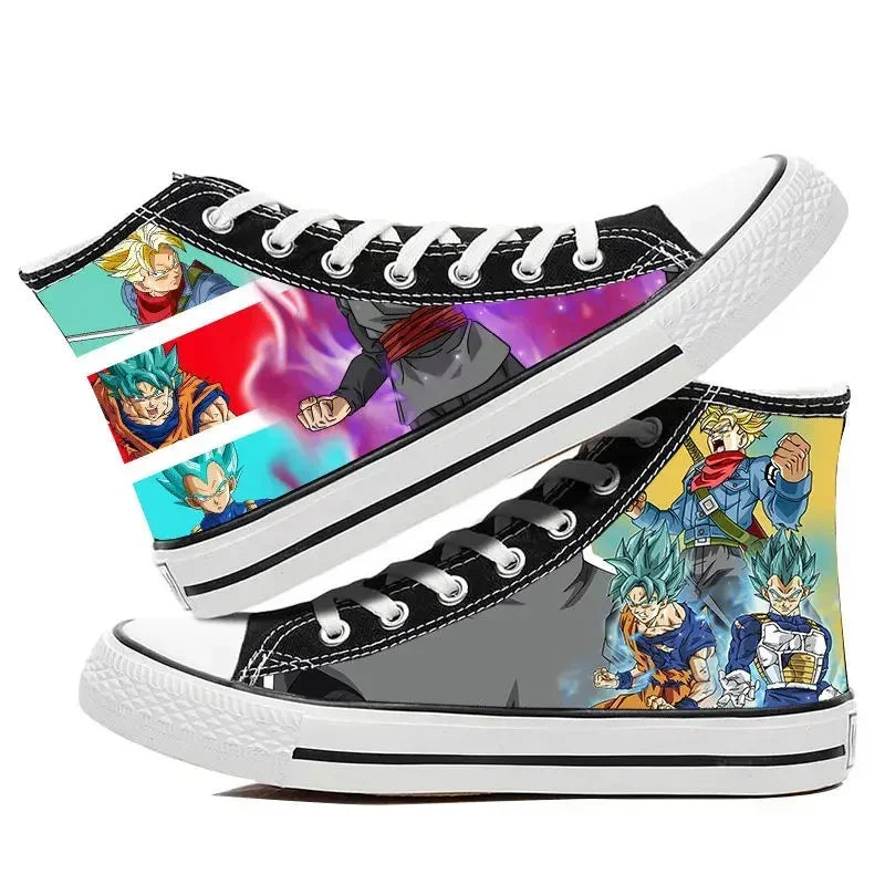 A pair of hot Dragon Ball Goku Canvas Shoes, anime fashion sneakers with a graffiti design for men, women, teenagers, and students.