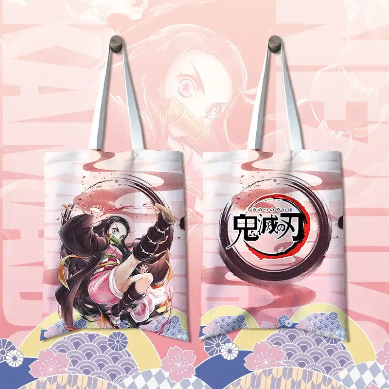 A stylish Shinobu Kocho Canvas Bag featuring a cute cartoon print of the Insect Hashira, designed as a small Japanese style shoulder handbag for women.
