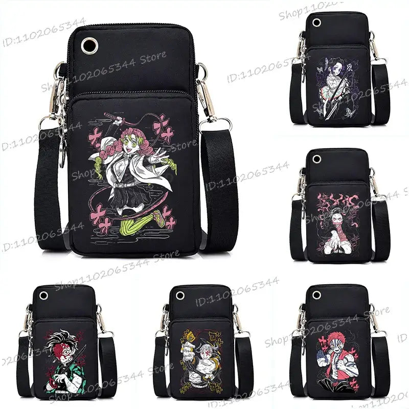 A trendy Demon Slayer Phone Bag featuring anime art of Nezuko Kamado and Mitsuri Kanroji, designed as a Harajuku mini crossbody purse for women and men.