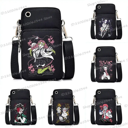 A trendy Demon Slayer Phone Bag featuring anime art of Nezuko Kamado and Mitsuri Kanroji, designed as a Harajuku mini crossbody purse for women and men.