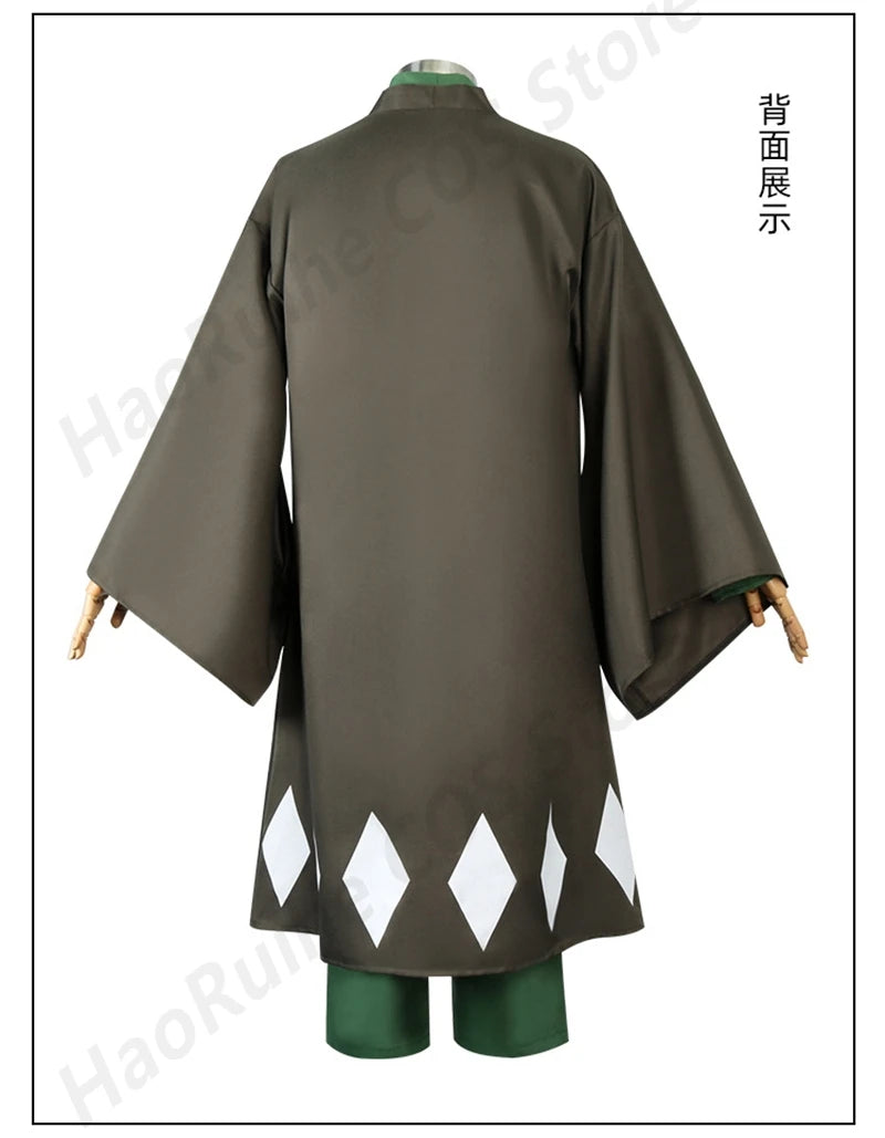 Urahara Kisuke BLEACH Cosplay Costume featuring a green top, pants, and hat, perfect for adult fans.