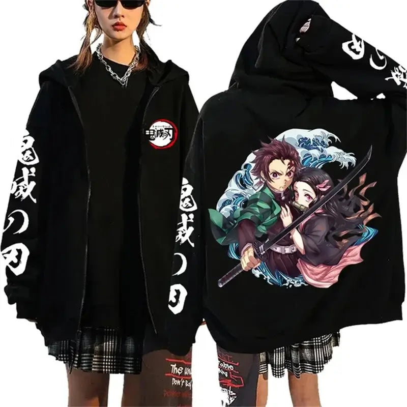 A casual loose Harajuku Fashion Anime Cartoon Demon Slayer Pattern Print Sweatshirt and fleece zipper hoodie for men and women.