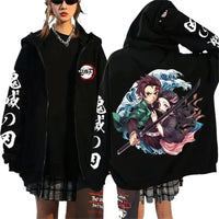 A casual loose Harajuku Fashion Anime Cartoon Demon Slayer Pattern Print Sweatshirt and fleece zipper hoodie for men and women.