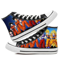 A pair of hot Dragon Ball Goku Canvas Shoes, anime fashion sneakers with a graffiti design for men, women, teenagers, and students.