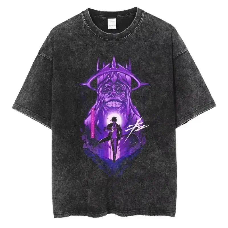 A hot unisex and plus size Solo Leveling Sung Jin-Woo Printed T Shirt in a washed cotton Harajuku style.