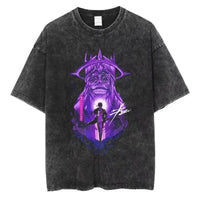 A hot unisex and plus size Solo Leveling Sung Jin-Woo Printed T Shirt in a washed cotton Harajuku style.