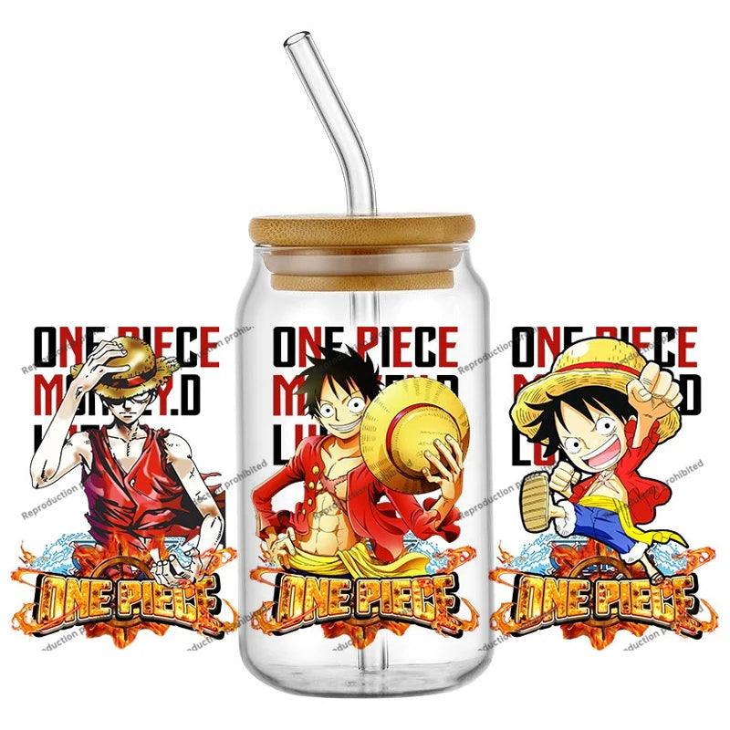 A collection of the newest 31 designs of popular One Piece UV DTF Stickers for a 16oz glass cup.
