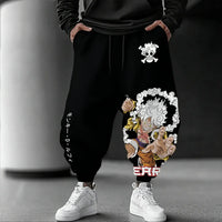 Trendy Luffy Gear 5 Pants featuring a graphic print of Sun God Nika, designed as casual hip-hop sweatpants for men's gym and streetwear fashion.