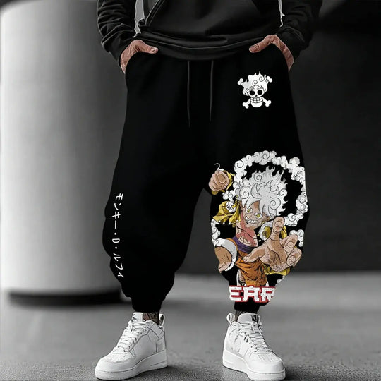 Trendy Luffy Gear 5 Pants featuring a graphic print of Sun God Nika, designed as casual hip-hop sweatpants for men's gym and streetwear fashion.
