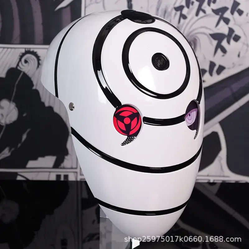 A highly imitative, high-gloss Obito Cosplay Mask featuring the Akatsuki Sharingan design for anime Halloween costumes and conventions.