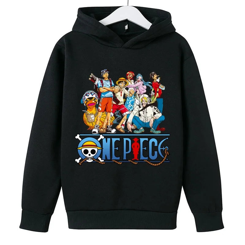 A trendy One Piece Kids Hoodie featuring cartoon graphic prints of Luffy and Zoro, designed as a casual spring and autumn pullover for children.
