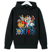 A trendy One Piece Kids Hoodie featuring cartoon graphic prints of Luffy and Zoro, designed as a casual spring and autumn pullover for children.