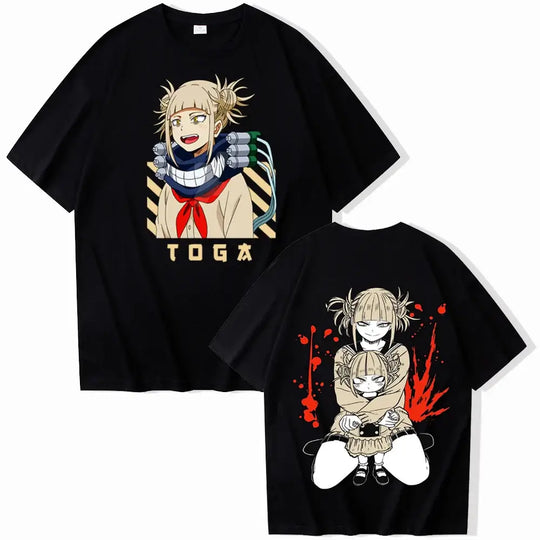 A trendy 2026 Himiko Toga T-Shirt featuring a graphic anime print of the My Hero Academia villain, designed as a casual summer top for men and women.