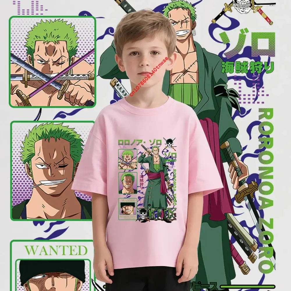One Piece Zoro Kids T-Shirt Pure Cotton Boys Top featuring anime print on a young boy, perfect for young fans.