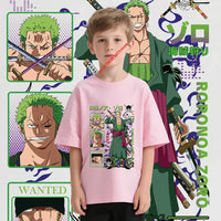 One Piece Zoro Kids T-Shirt Pure Cotton Boys Top featuring anime print on a young boy, perfect for young fans.