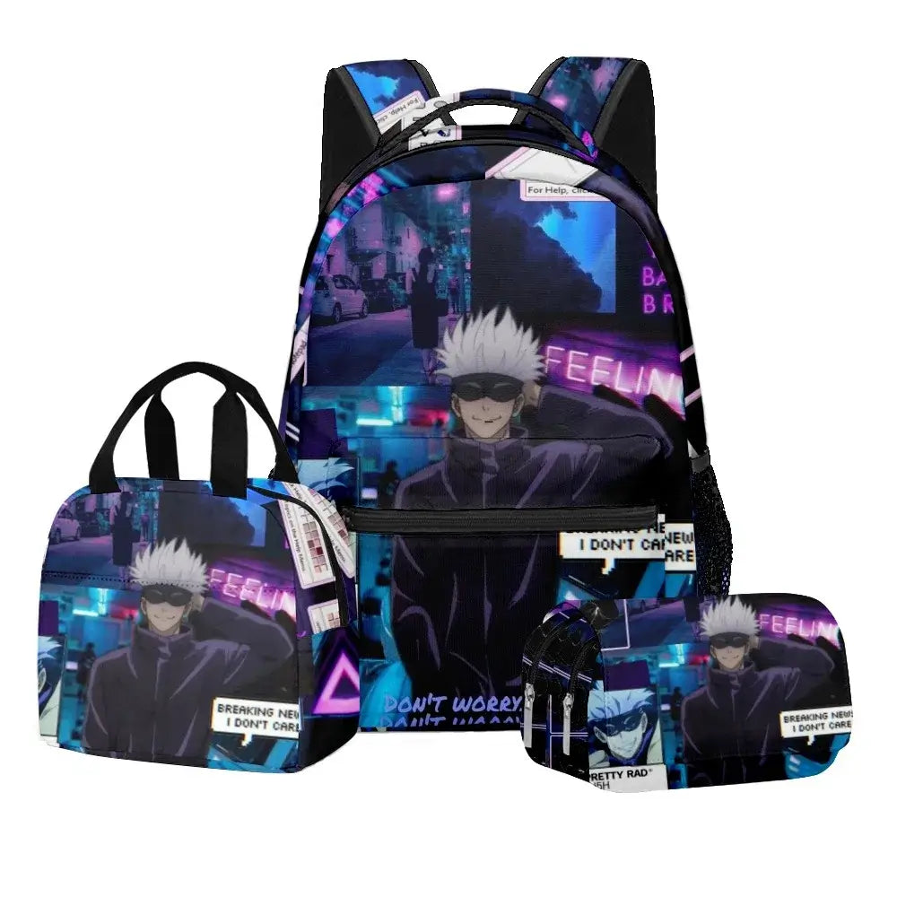 A 3-piece Jujutsu Kaisen Backpack Set featuring a digital print schoolbag, thermal lunch bag, and 2-layer pencil case for boys.