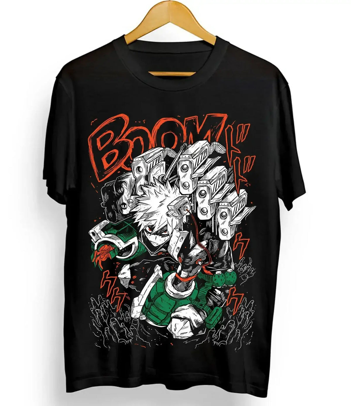 An oversized black Bakugou T-Shirt featuring a graphic print of Katsuki Bakugou and Izuku Midoriya, styled as women's Y2K streetwear.