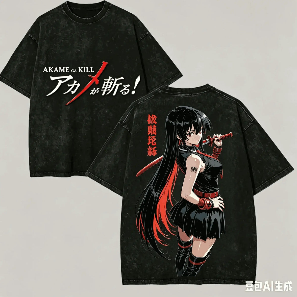 Akame ga Kill Washed Anime T-Shirt featuring a character design, oversized Harajuku style, and a vintage look.