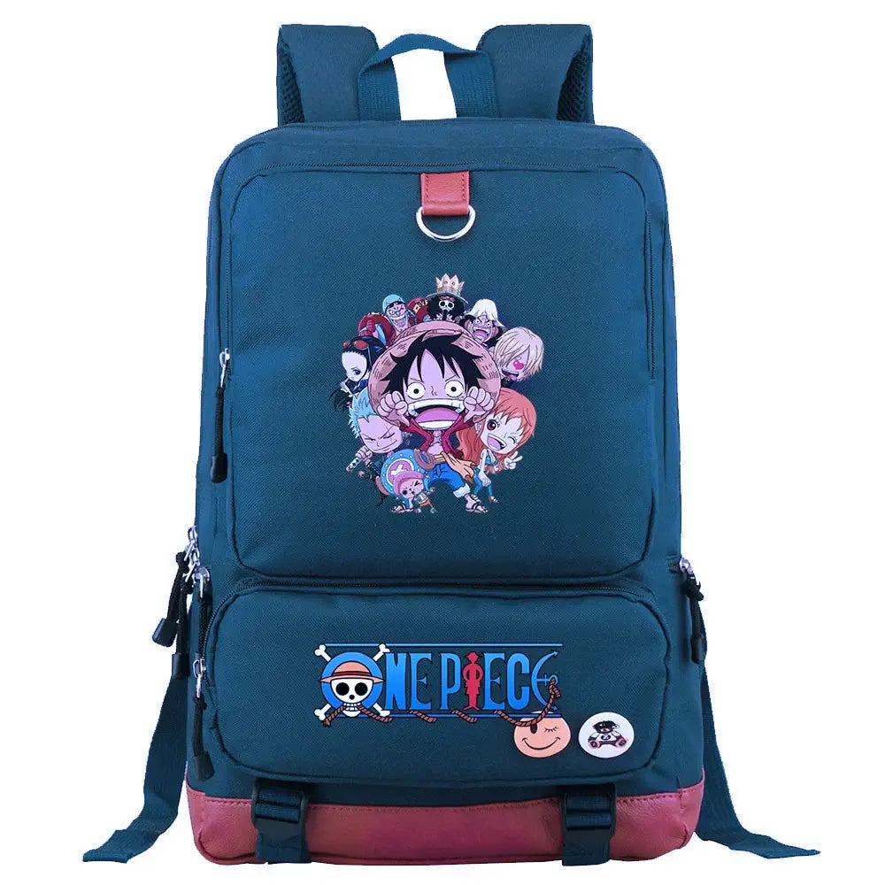 A large, unisex One Piece Luffy Printed Unisex Backpack suitable for school and travel, with compartments for a laptop and iPad.