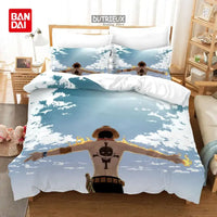 A Bandai One Piece Bedding Set featuring Monkey D. Luffy on a duvet cover and pillowcases, designed for anime bedroom decoration.