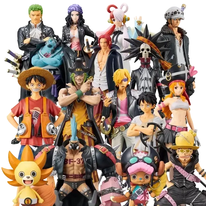 A colorful One Piece Mystery Box packaging containing a random anime action figure surprise, featuring silhouettes of Luffy and Zoro.