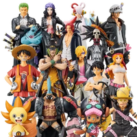 A colorful One Piece Mystery Box packaging containing a random anime action figure surprise, featuring silhouettes of Luffy and Zoro.