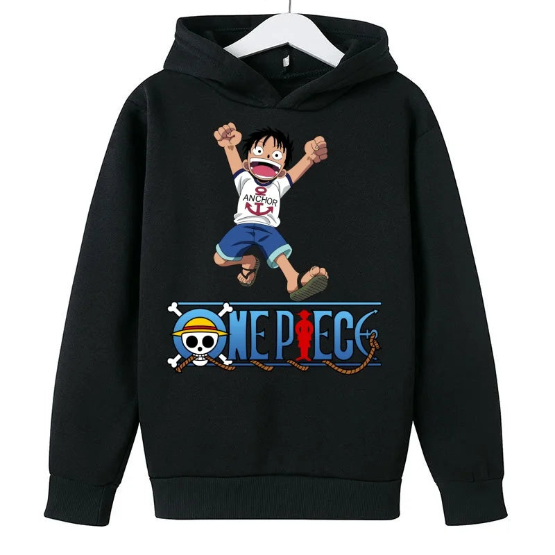 A trendy One Piece Kids Hoodie featuring cartoon graphic prints of Luffy and Zoro, designed as a casual spring and autumn pullover for children.