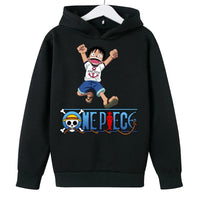 A trendy One Piece Kids Hoodie featuring cartoon graphic prints of Luffy and Zoro, designed as a casual spring and autumn pullover for children.