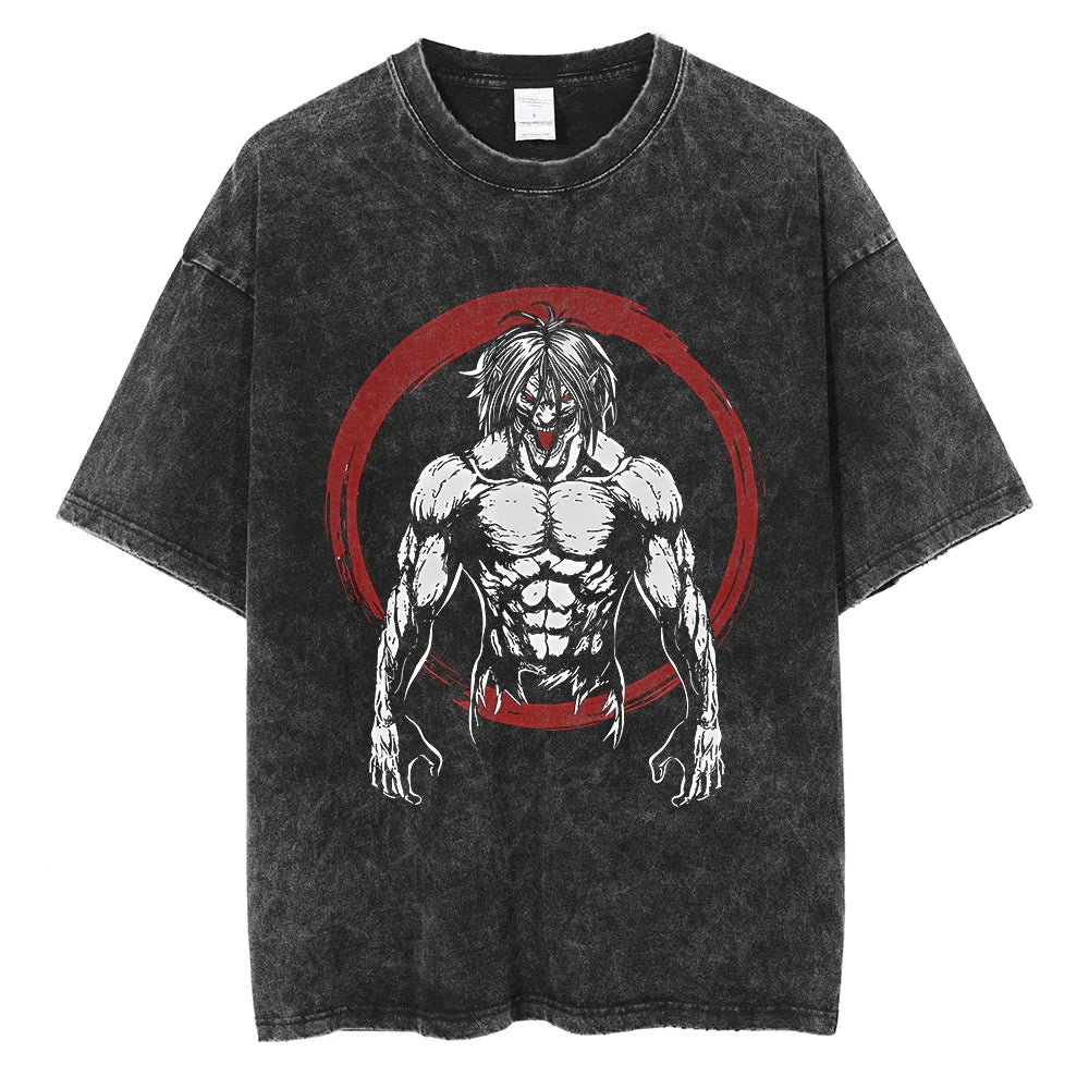 A vintage-washed Eren Jaeger T-Shirt featuring a gritty Attack on Titan manga graphic, styled as oversized Harajuku streetwear for men and women.