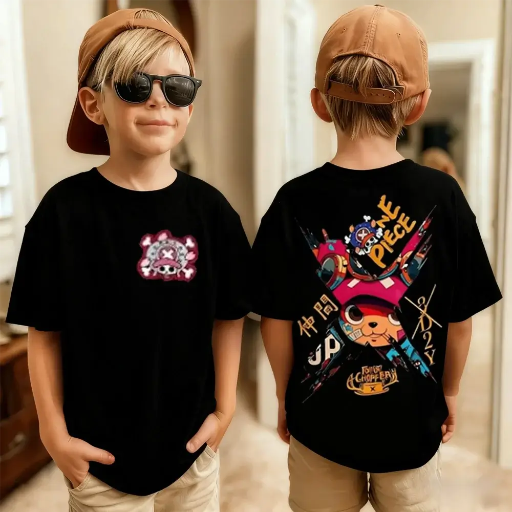 One Piece Kids T-Shirt Luffy Zoro Nami Chopper close-up character print detail Luffy Zoro Nami Chopper artwork cotton fabric