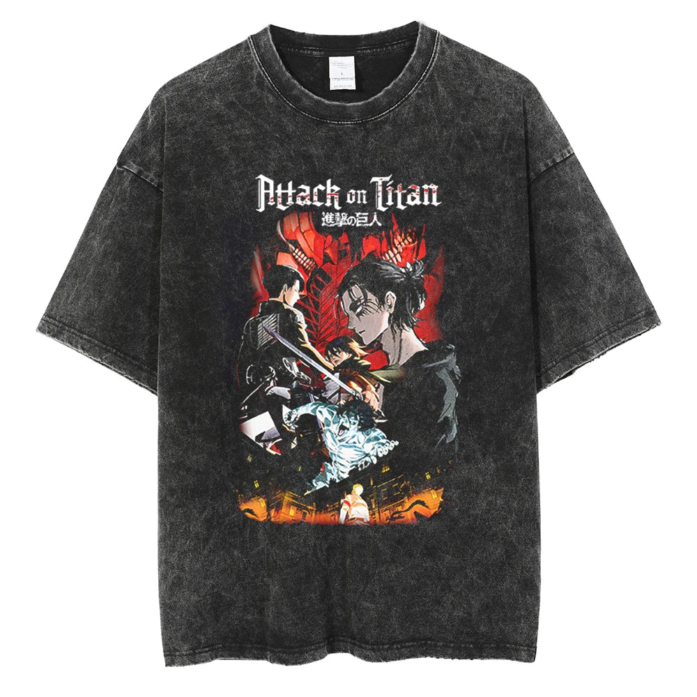 A vintage-washed Eren Jaeger T-Shirt featuring a gritty Attack on Titan manga graphic, styled as oversized Harajuku streetwear for men and women.