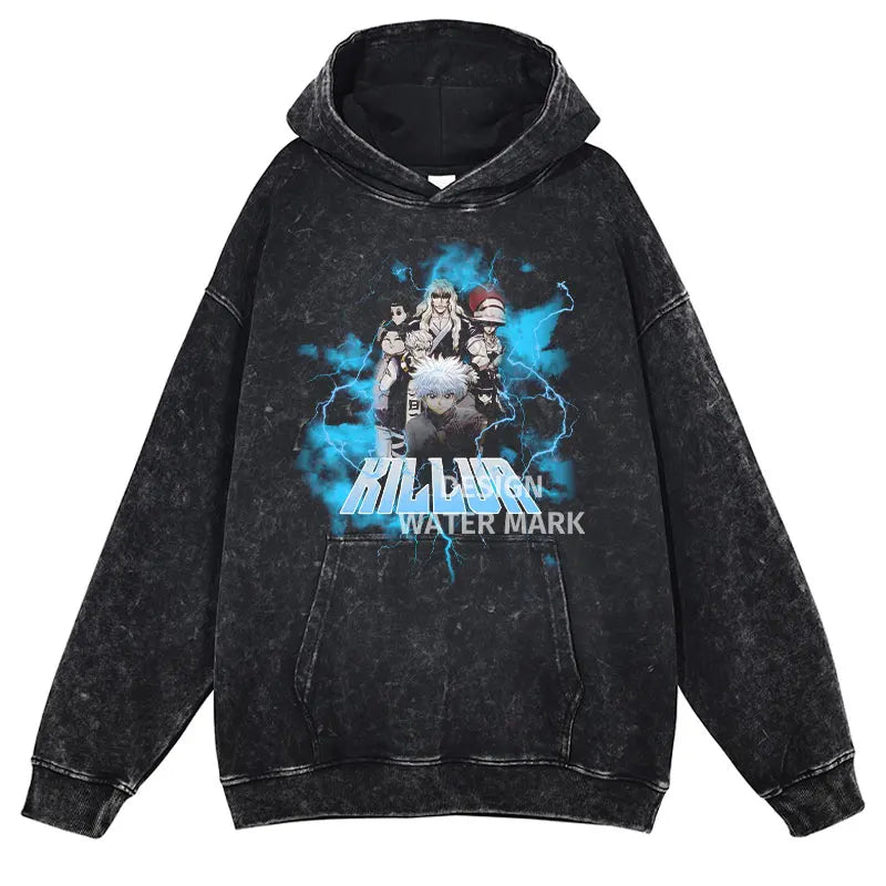 Gon Freecss Hunter x Hunter Washed Hoodie featuring a colorful manga-inspired design on a black pullover.