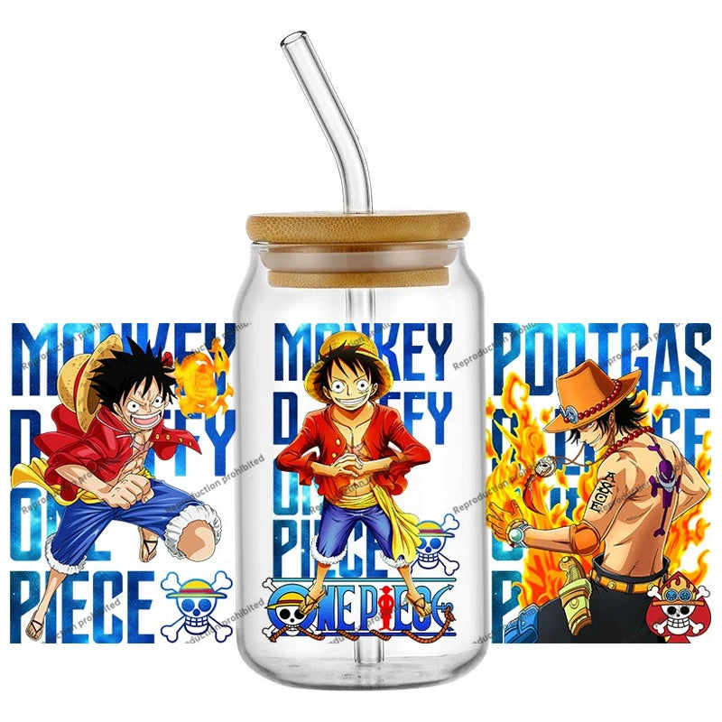 A collection of the newest 31 designs of popular One Piece UV DTF Stickers for a 16oz glass cup.