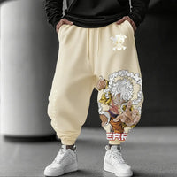 Trendy Luffy Gear 5 Pants featuring a graphic print of Sun God Nika, designed as casual hip-hop sweatpants for men's gym and streetwear fashion.