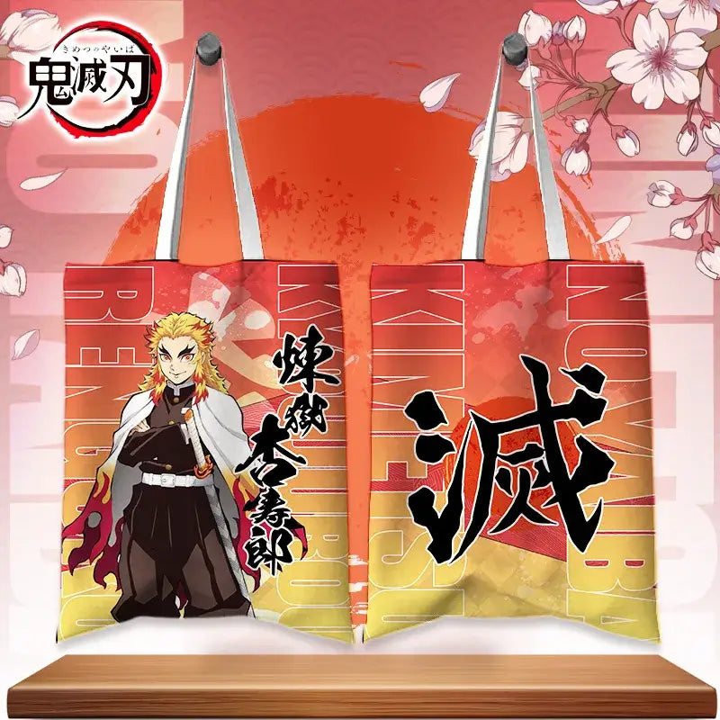 A stylish Shinobu Kocho Canvas Bag featuring a cute cartoon print of the Insect Hashira, designed as a small Japanese style shoulder handbag for women.