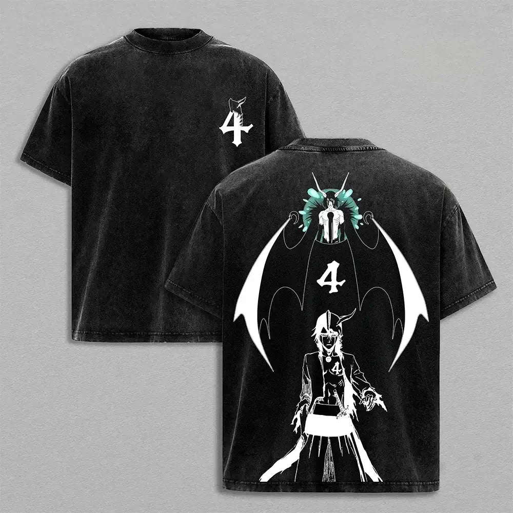 Ulquiorra Cifer Bleach Vintage Washed T-Shirt featuring a haunting design with number 4 on front and back.