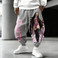 Trendy Demon Slayer Cotton Pants featuring a vibrant Nezuko Kamado color print, designed as loose casual autumn and winter joggers for men.