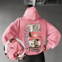 An oversized Chopper Graphic Hoodie featuring a cute Tony Tony Chopper anime print, designed as casual autumn and winter streetwear for men and women.