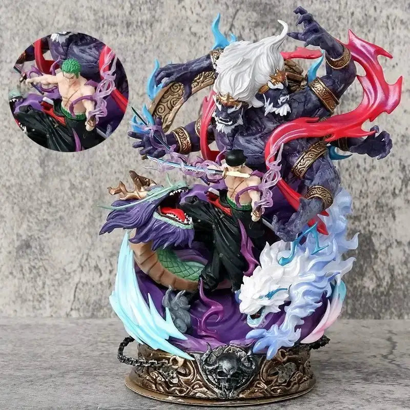 A detailed Roronoa Zoro Hell Form Figure made of PVC, showcasing the King of Hell three-sword style battle pose for anime collection.
